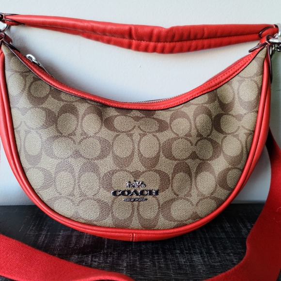 Coach Aria Signature Tan & Red Leather Shoulder Crossbody Bag #CR283 - Picture 5 of 11